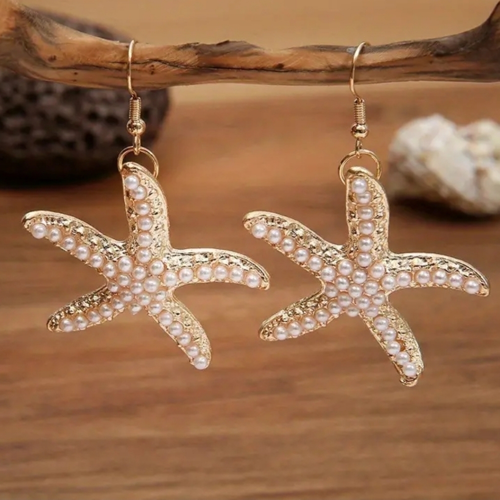 LAST ONE! new! Vintage-style Hanging Earrings with Faux Pearls Starfish. Large.